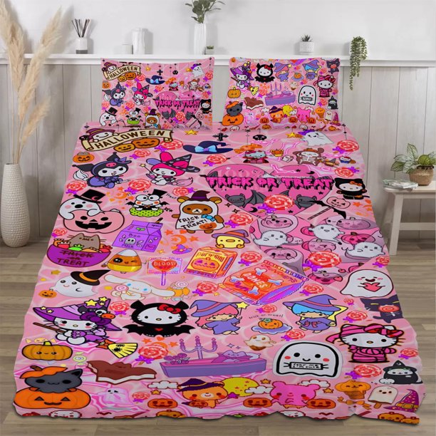 Halloween Hello_Kitty_ Quilt Set FullSoft Lightweight Quilts Quilted Bedspreads3 Pieces Set Queen SizeColorful Cartoon Print All Season 173*218CM