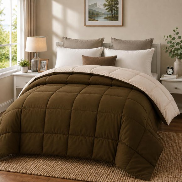 Edredón EVOLIVE reversible para cama individual, color marrón/gris topo
