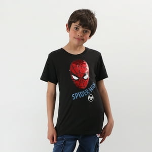 Polera Manga Corta Niño Lentejuelas Spiderman Negro Marvel