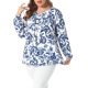 thumbnail image 4 of Agnes Orinda Conjuntos de Halloween para Mujeres Tallas Grandes Blusa con Cuello de Ojal Plisado Camisas Florales de Manga Larga Túnica Casual 3X Azul, 4 of 6