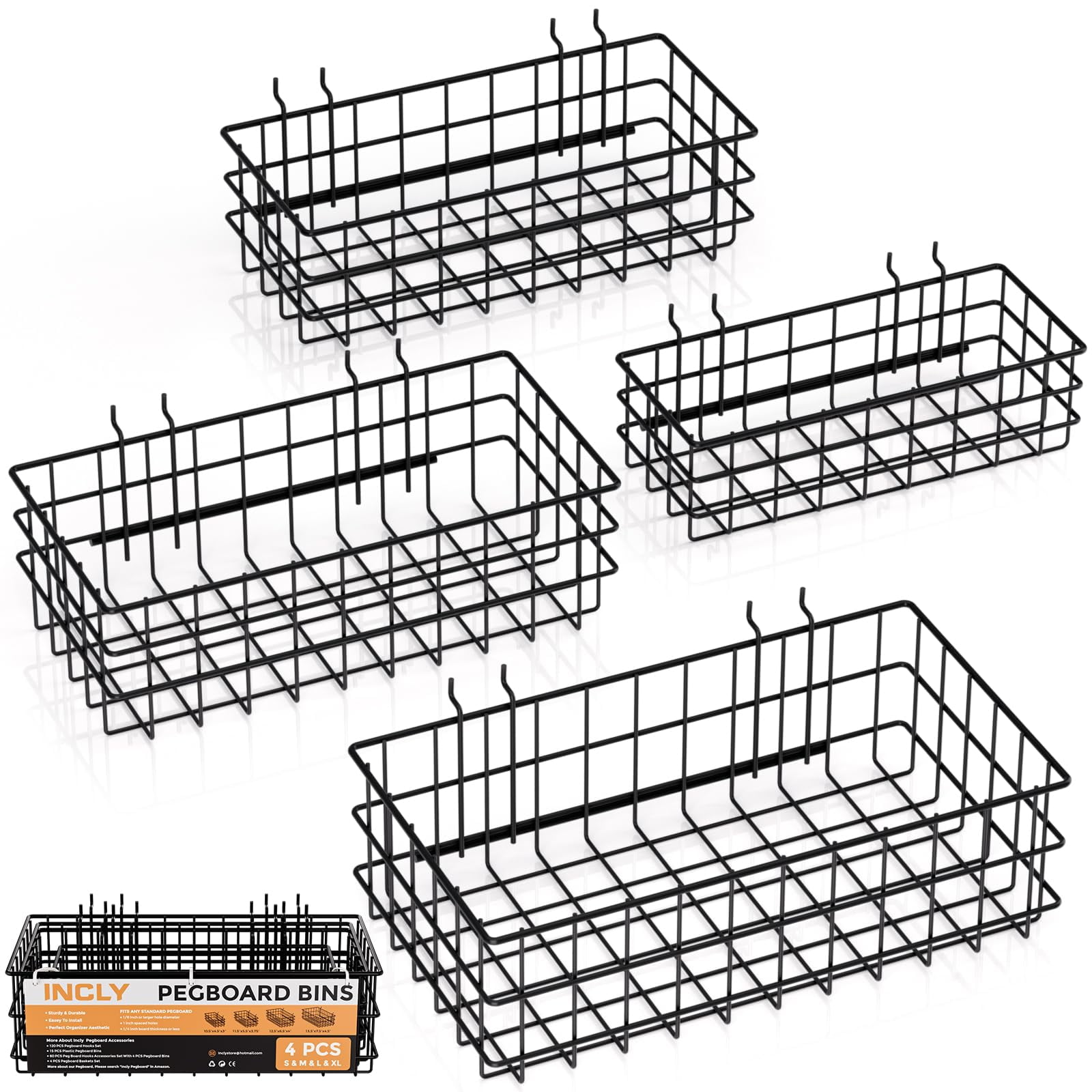 Incly - Juego De Cestas De Madera Perforada Incluye 4 Unidades Estilo Cuadrado Metal Negro