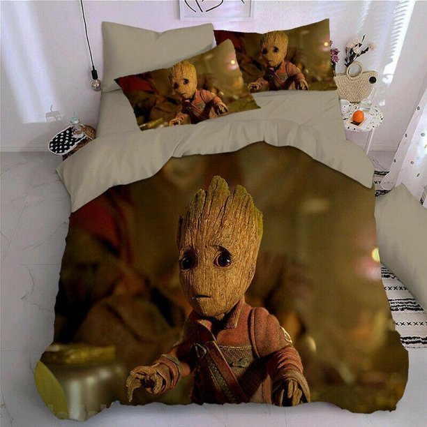 Cute Baby Groot Child Quilt Duvet Cover Set Queen Kids Bedspread Pillowcase 3-Piece Bedding Set