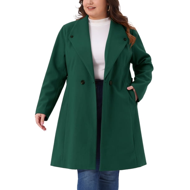 Abrigos de invierno para mujer de talla grande Agnes Orinda, abrigos de guisante midi con solapa de un solo pecho y cinturón con bolsillo 3X verde oscuro