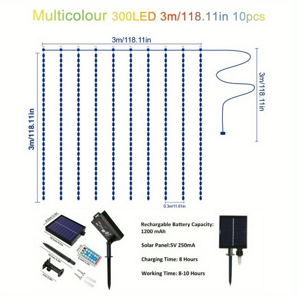 300 LED Solar Curtain Light With Remote Control 8 Lighting Modes, IP65 Waterproof Copper Wire Lights For Christmas Party Wedding Home Bedroom Garden Wall Decorations