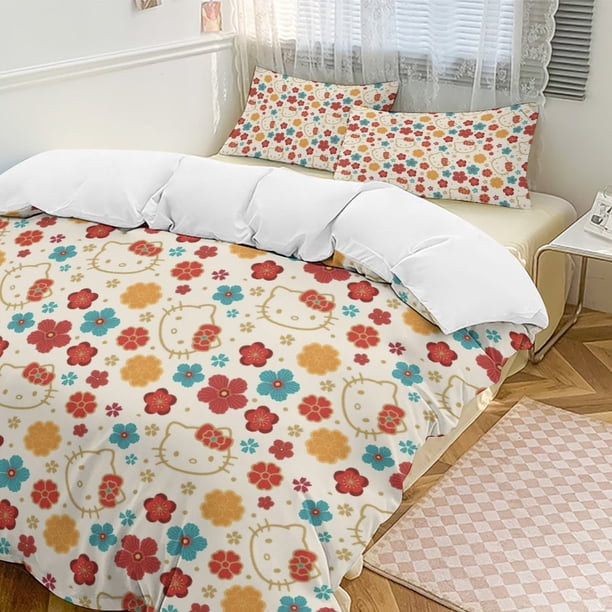White Gold Floral Hello Kitty Comforter Set Soft 3 Pcs Twin Bedding Sets Thicken for All Season