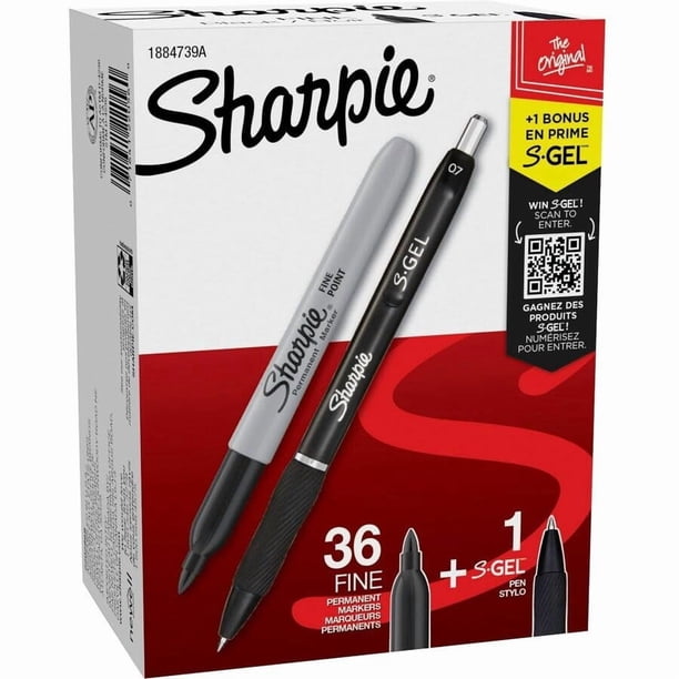 Rotulador Sharpie de punta fina, tinta negra permanente, paquete de 36 unidades, con bolígrafo
