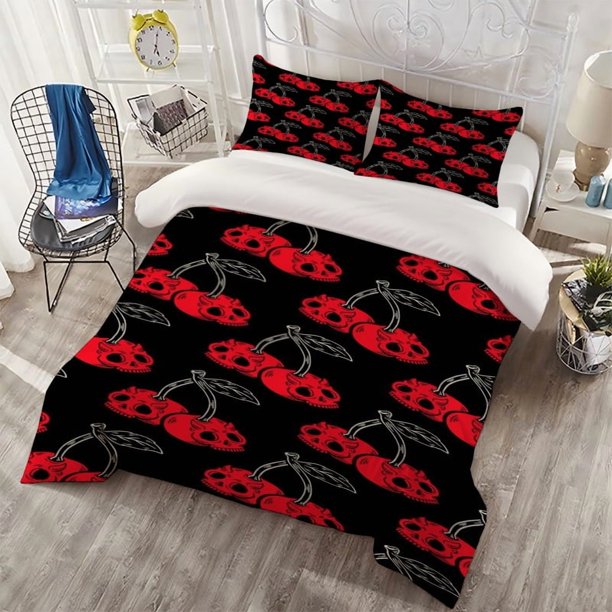 3pcs Creative Skull Cherry Design Printed Bedding Set: 100% Polyester Soft & Light Beige-Friendly