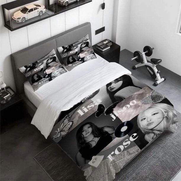 3pcs BLACKPINK Black and White Art Collage Theme Printed Bedding Set Soft Duvet Cover and 2 Pillowcases
