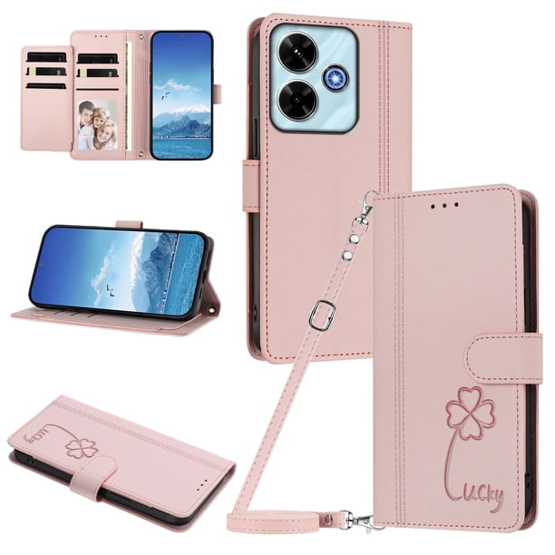 Funda Cartera Trébol para Xiaomi Poco M6 4G con Ranuras Tarjetas y Carga Inalámbrica Rosa