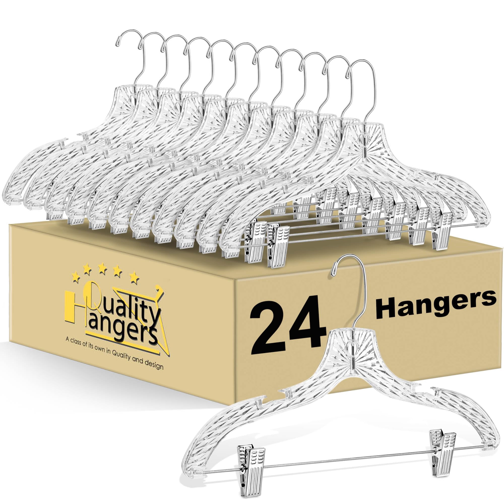 Quality Hangers - Perchas De Plástico Para Faldas, 24 Unidades, Talladas En Cristal, Con Clips Ajustables