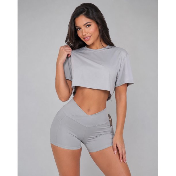 Conjunto Deportivo Mujer Short Pretina Cruzada Y Polera Crop