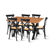 Klik Muebles - Comedor Mesa Color Madera Y Metal Cross 140X90 + 6 Sillas Crossback Madera Rattan Negra