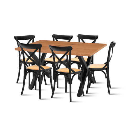Klik Muebles - Comedor Mesa Color Madera Y Metal Cross 140X90 + 6 Sillas Crossback Madera Rattan Negra