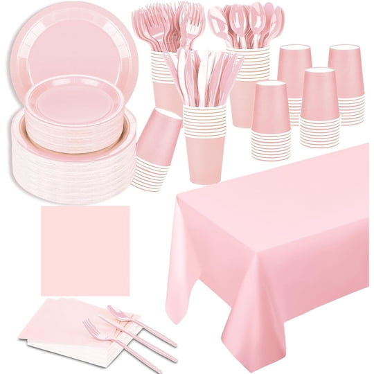 Genérica - Set De Cotillón Rosa 229 Piezas: Platos, Vasos Y Cubiertos Desechables