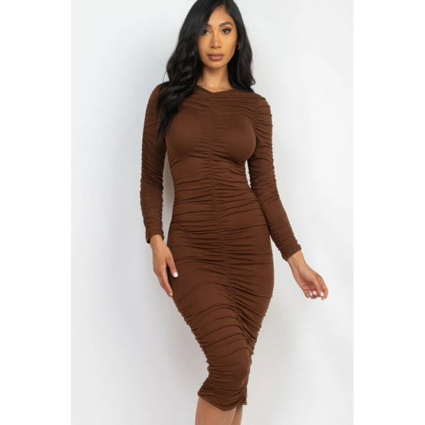 Saronite Vestido Midi con Escote en V, sin Costuras y Mangas Largas Fruncidas, Color Marrón (para Mujer)