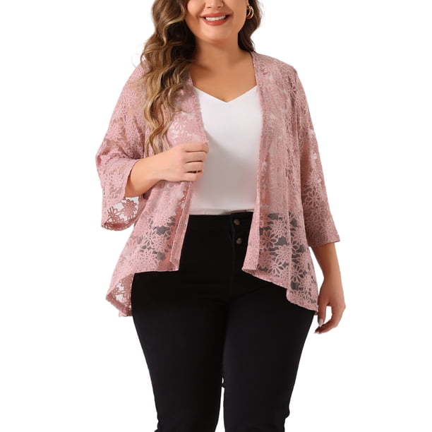 Agnes Orinda Trajes de Halloween para Mujeres Tallas Grandes Cárdigans de Escuela Universitaria Abiertos al Frente Mangas 3/4 Acampanadas Encaje Transparente Floral Cubrir Bolero Chalecos 6X Rosa