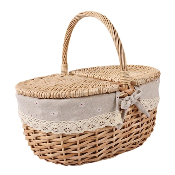 Cesta de Mimbre para Picnic, Cesta de Almacenamiento de Mimbre con Tapa Y Asa, Rústica, Portátil, Cesta de Ratán para Servir Y Guardar para Fiestas en Medio