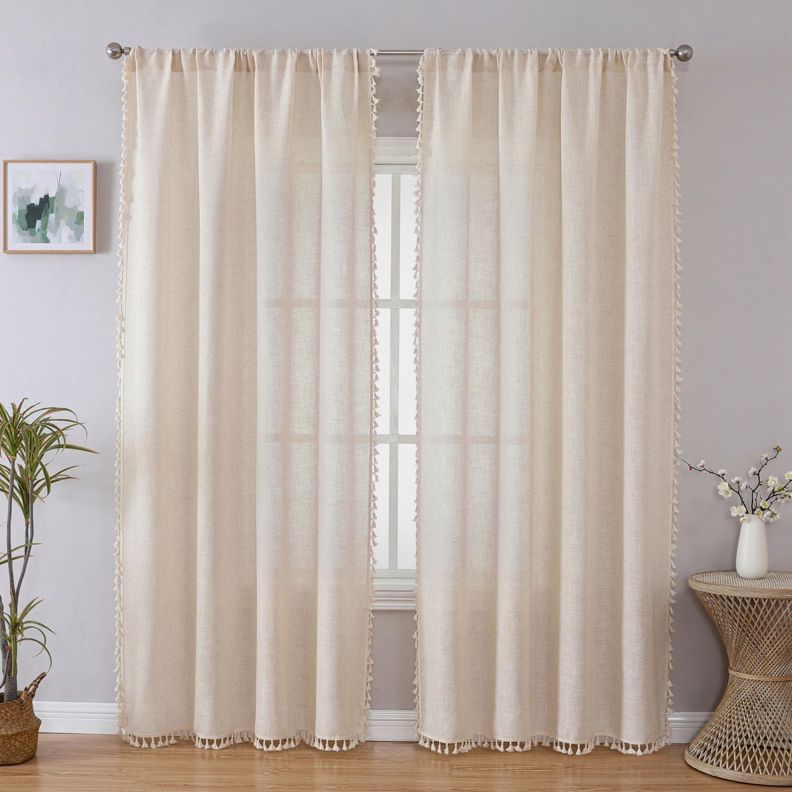 Cortinas Joydeco De Lino Boho 2 Paneles 132x183 Cm Semitransparentes
