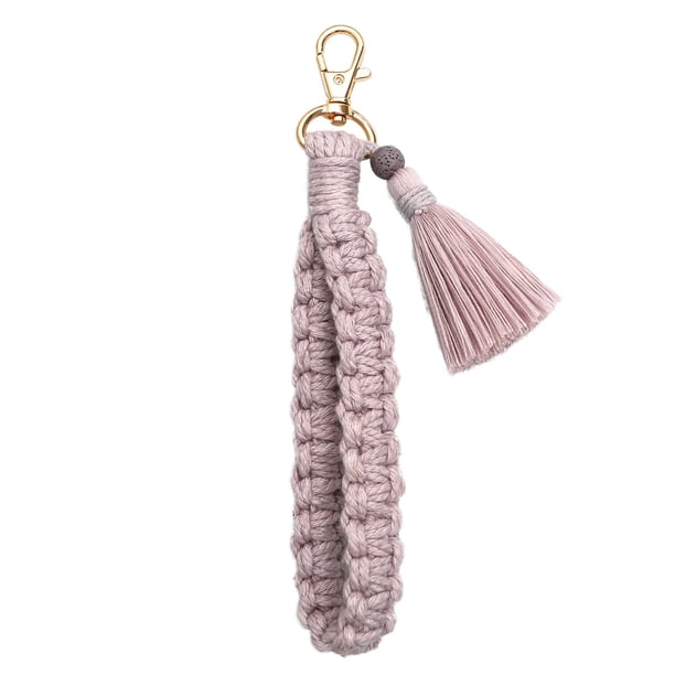 Pulsera de macramé con llavero, hecha a mano, con borla y cordón tejido para mujer