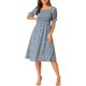 thumbnail image 2 of INSPIRE CHIC Vestido de Mujer con Nido de Abeja Floral Cuello Cuadrado Mangas Cortas Abullonadas Vestidos Midi de Primavera Verano Azul Polvoriento L, 2 of 6