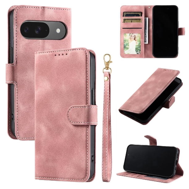 Funda Cartera para Google Pixel 9 Tapa con Ranuras, Soporte y Correa Rosa