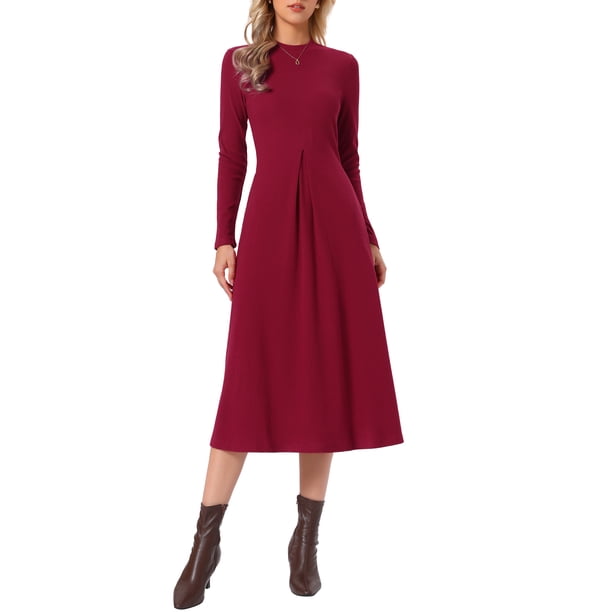 INSPIRE CHIC Vestido de Punto Acanalado para Mujer Casual de Manga Larga con Cuello Redondo y Bolsillos Línea A Vestidos Largos de Punto XL Burdeos