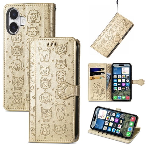 Funda Cartera Foxdock Para Iphone 16 Plus , Flip Pu Con Relieve De Gatos Y Perros, Tarjetero Y Soporte