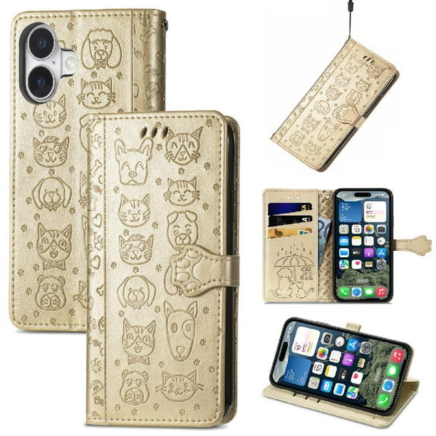 Funda Cartera FOXDOCK para iPhone 16 Plus , Flip PU con Relieve de Gatos y Perros, Tarjetero y Soporte