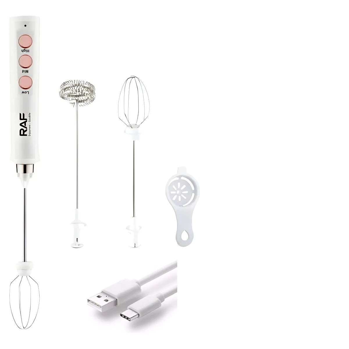 Raf - Batidor Recargable 80W Para Café Y Huevos 3 En 1 Espumador Blanco 50 Hz/60 Hz