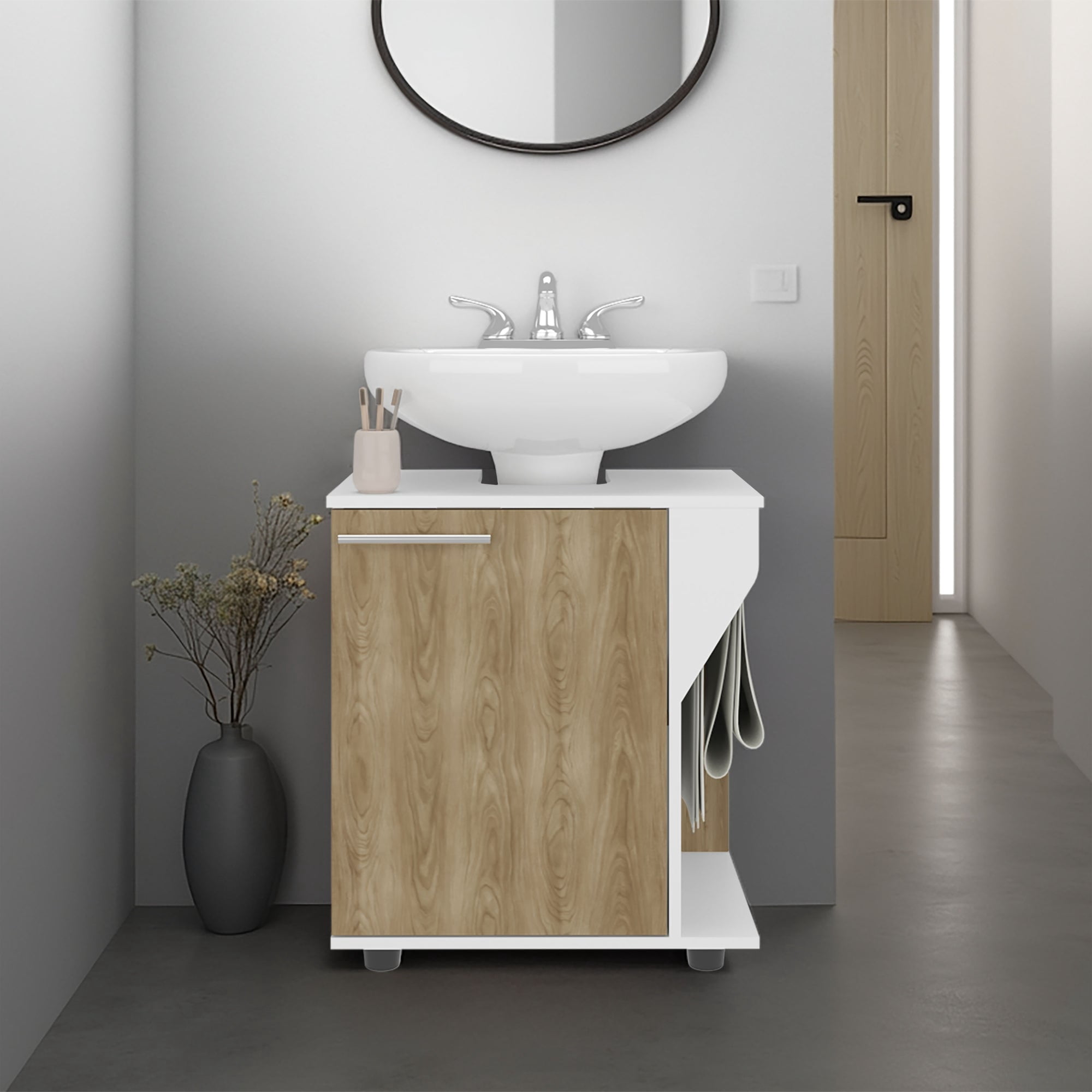 Tuhome - Mueble Para Lavamanos Phillips 1 Puerta Blanco Y Fresno