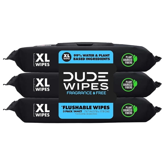 Flushable Wipes Dude, paquete de 3, 144 toallitas sin perfume, extra grandes