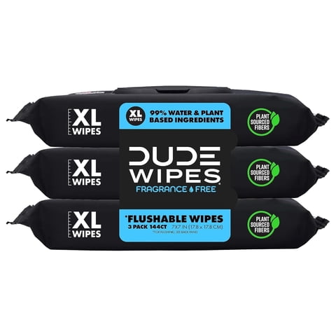 Flushable Wipes Dude, Paquete De 3, 144 Toallitas Sin Perfume, Extra Grandes