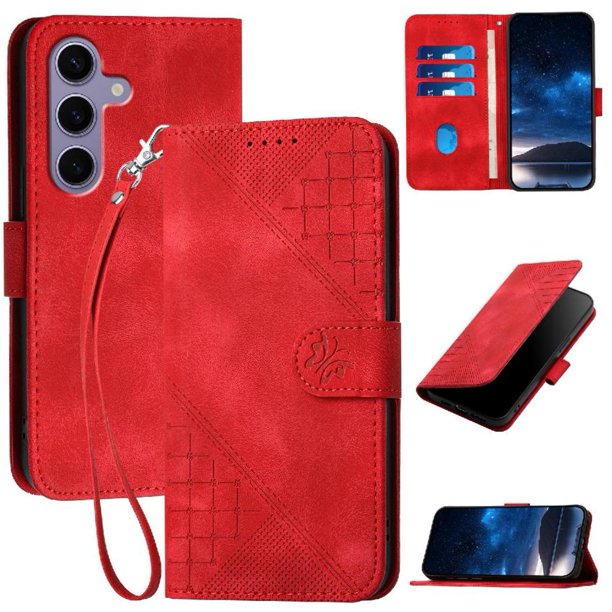 Funda Flip Premium Fibra de Carbono para Samsung Galaxy S25 Plus con Soporte y Cierre Rojo