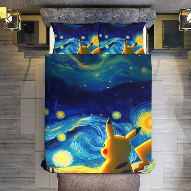 Pikachu Under The Night Sky 3 Piece Sets Full/Queen Size - Reversible Microfiber Quilts with Shams Soft Lightweight Bedspread Coverlet Comforter for All Season Bed Sheets