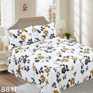 Genérico - Juego De Sábana Diseño 1 1/2 Plazas - Blanco Flores Doradas M8811