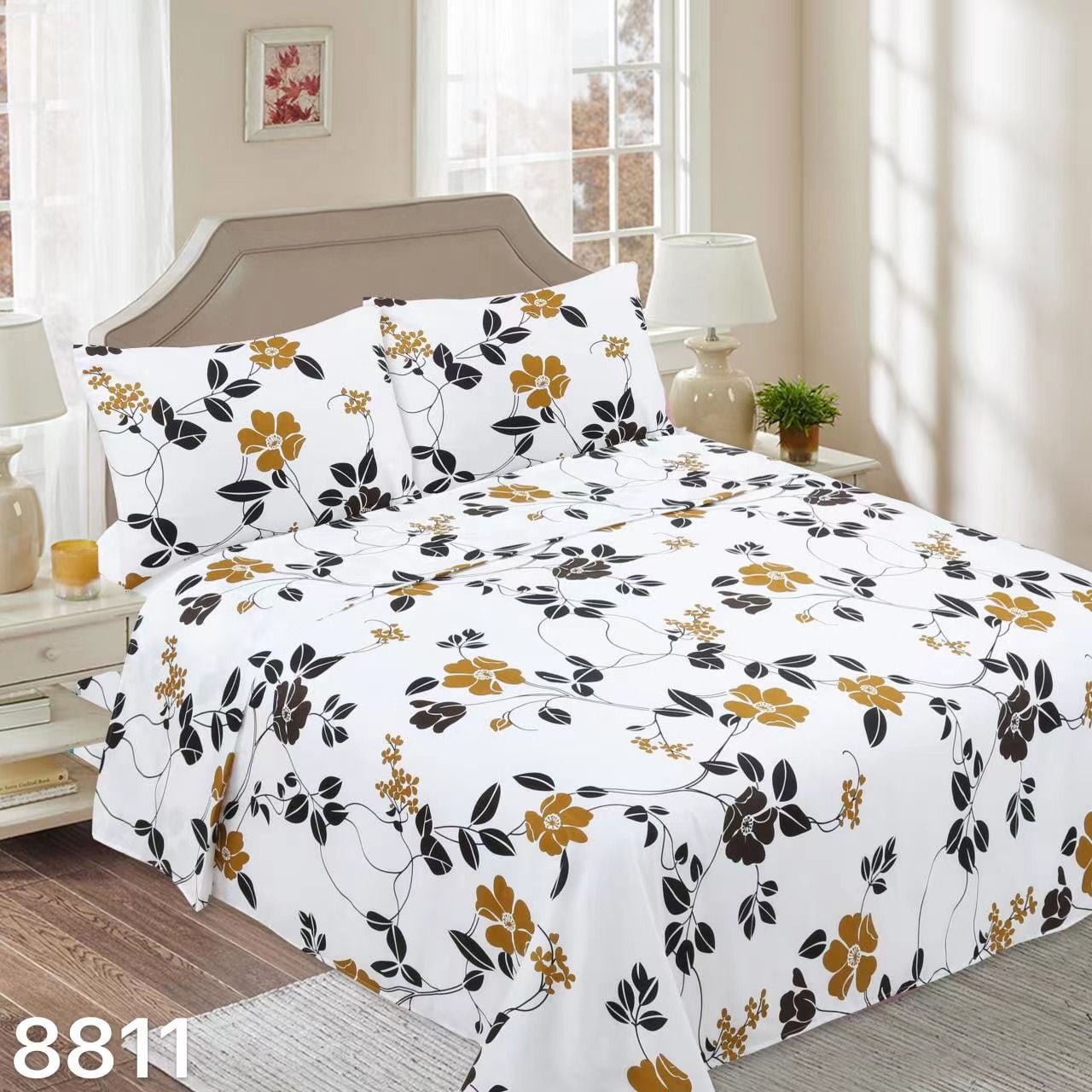 Genérico - Juego De Sábana Diseño 1 1/2 Plazas - Blanco Flores Doradas M8811