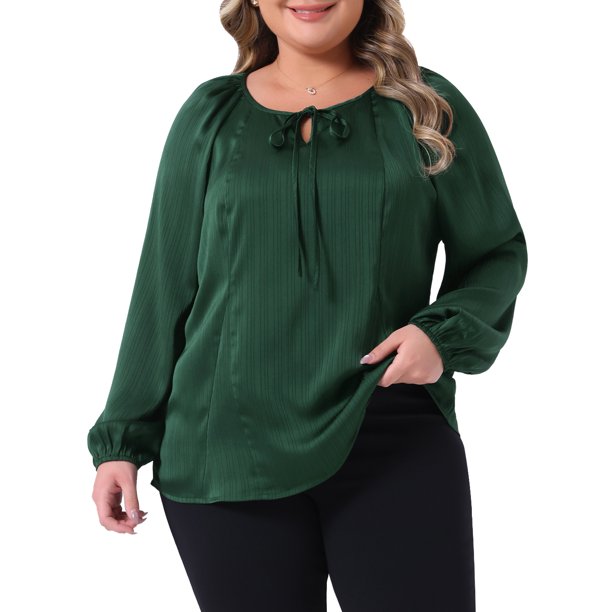 Agnes Orinda Conjuntos de Halloween para Mujeres Blusas de Talla Grande con Lazo Frontal y Abertura Manga Larga Camisa Elegante 2025 Blusa de Otoño 1X Verde
