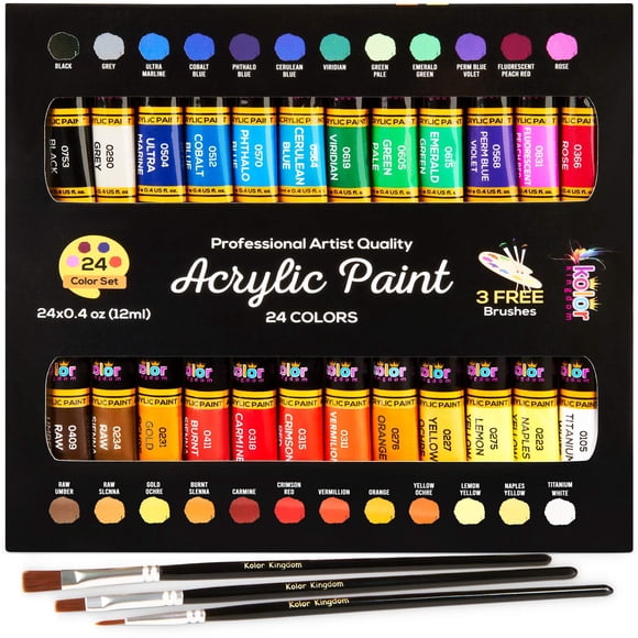 Set de pintura acrílica KOLOR KINGDOM 24 colores con 3 pinceles de 12 ml