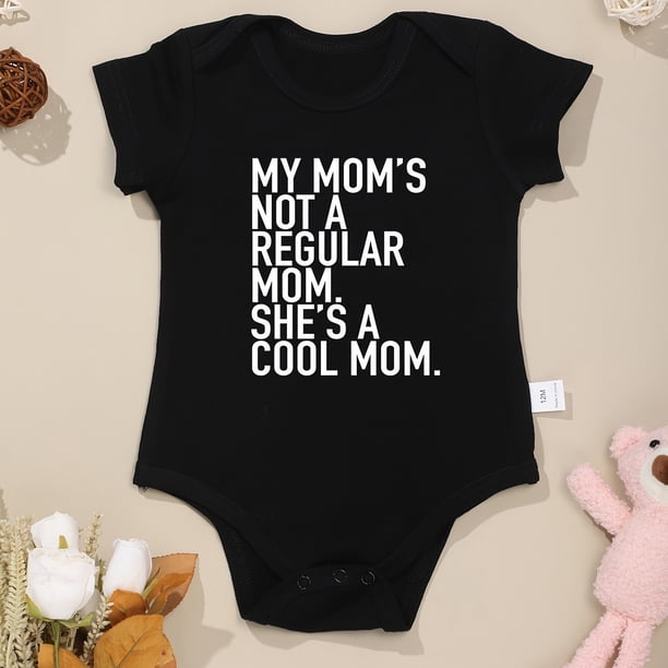 Baby Boys Casual Cute "SHE'S A COOL MOM" Print Romper, Comfortable Soft Short Sleeve Crew Neck Bodysuit For Summer