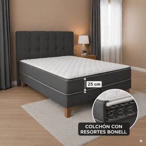 M&E - Cama 2 Plazas Base Europea + Colchón 24 Cm Resortes Bonnell + Respaldo Tapizado