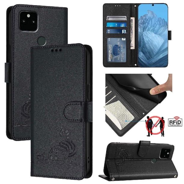 Funda tipo cartera FOXDOCK para Google pixel 5A con soporte, ranuras, RFID, diseño de gato