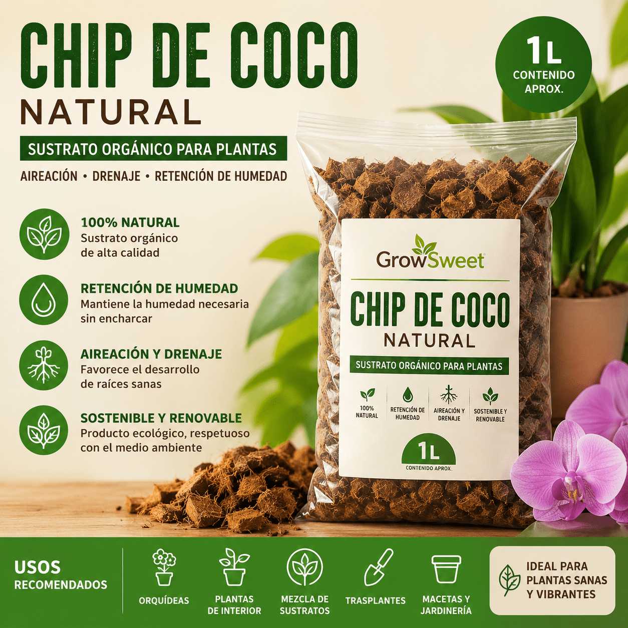 Grow Sweet - Chip De Coco Natural 1l Para Plantas, Orquídeas Y Jardinería