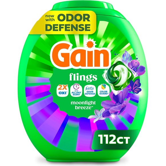 Gain Flings Laundry Detergent Pods Odor Defense Color Guard, Moonlight Breeze, 112 unidades
