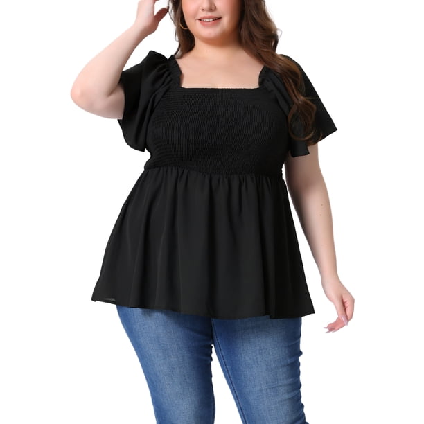 Agnes Orinda Blusas de Verano para Mujer Tallas Grandes Cuello Cuadrado Manga Corta Volante Dobladillo Casual Suelta Blusa 1X Negro