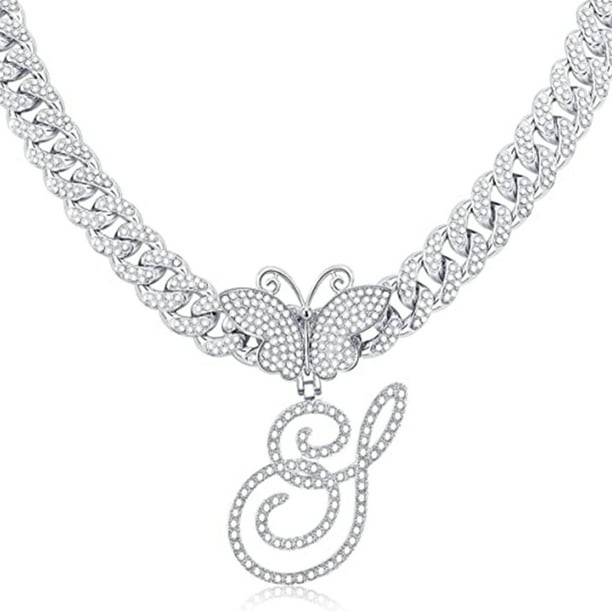 Stylish Hip Hop Cuban Butterfly Necklace with White Letter Initials