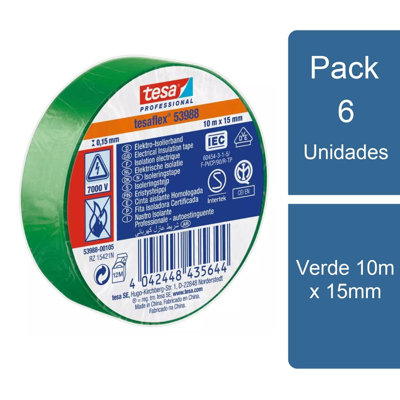 Pack 6 Tesaflex Cintas Aisladora Eléctrica Profesional Verde 10m X 15mm
