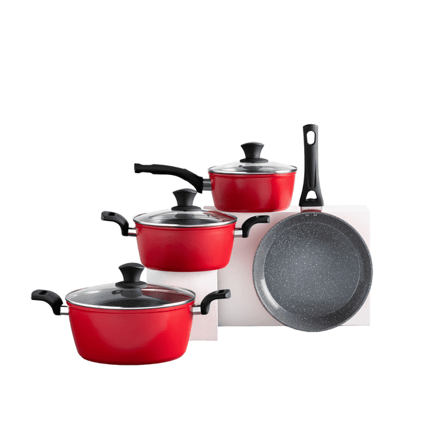 Batería de Cocina Thomas TH-MB07RN 7 Piezas Aluminio Forjado Juego Set de Ollas y Sartén Antiadherente Cerámico Apto Inducción Tapas de Vidrio Templado Rojo Mate