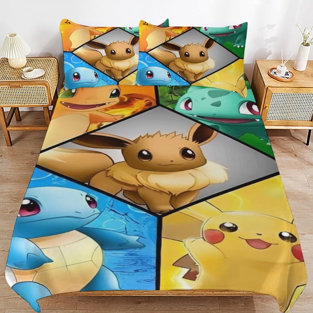Pi-ka-chu Bed Duvet Cover Microfiber Bedding Sets 3D Printed Lightweight 3 Piece Comforter Sets for Kids Boys Girls