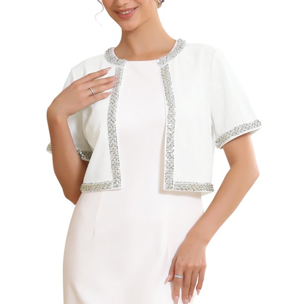 INSPIRE CHIC Bolero Corto para Mujer con Ribete de Lentejuelas, Mangas Cortas, Frente Abierto, Talla L, Blanco