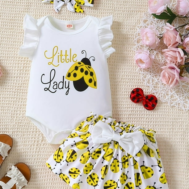 3pcs Baby Girls "Little Lady" Ladybug Print Cute Ruffled Sleeves Onesie & Skirt & Headband, Baby Summer Clothes Sets